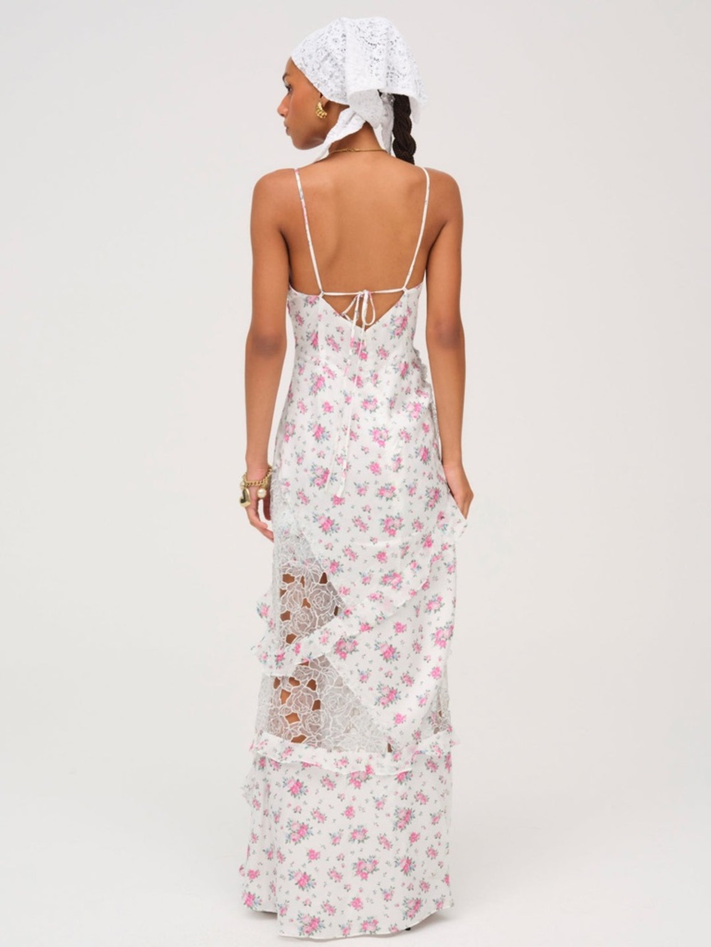 For Love & Lemons Rosalyn Dress - White with Pink Floral Maxi - Picture 3 of 4